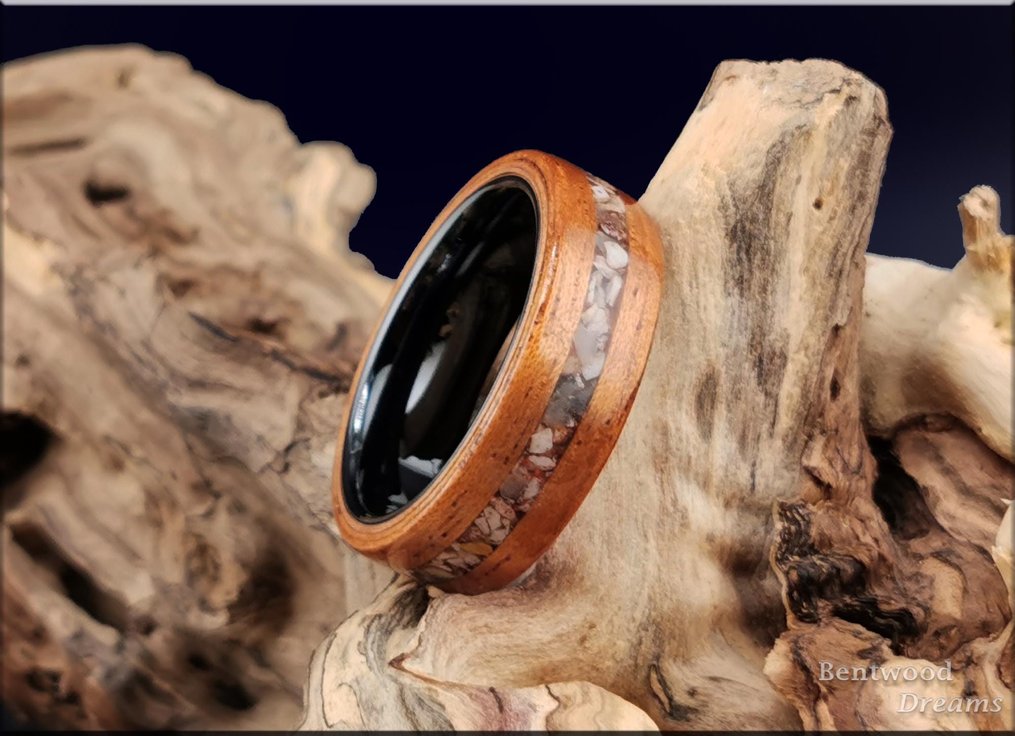 Bentwood Ring: Spanish Cedar, Soapstone inlay, polished Black Ceramic core