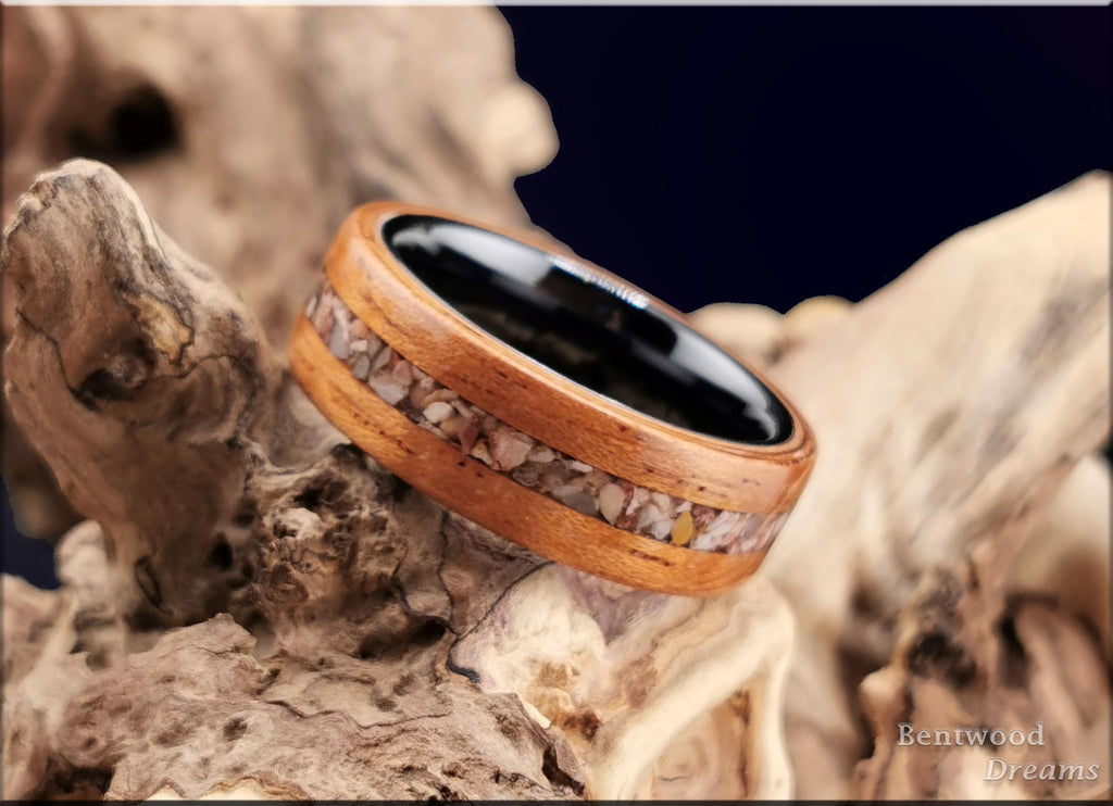 Bentwood Ring: Spanish Cedar, Soapstone inlay, polished Black Ceramic core