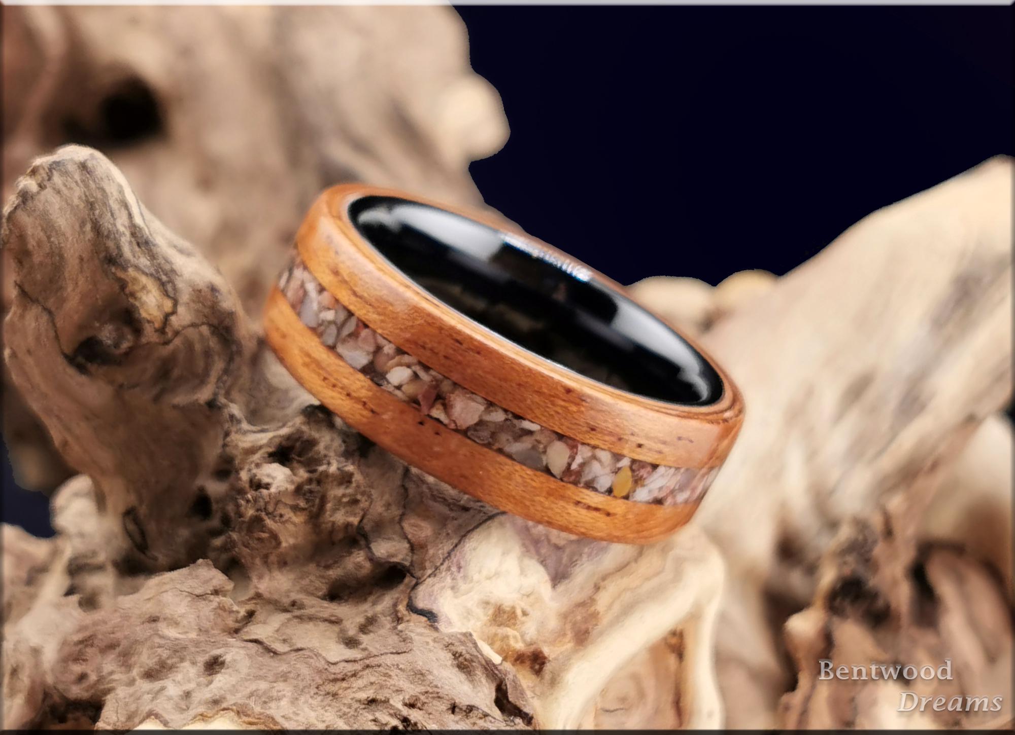 Bentwood Ring: Spanish Cedar, Soapstone inlay, polished Black Ceramic core