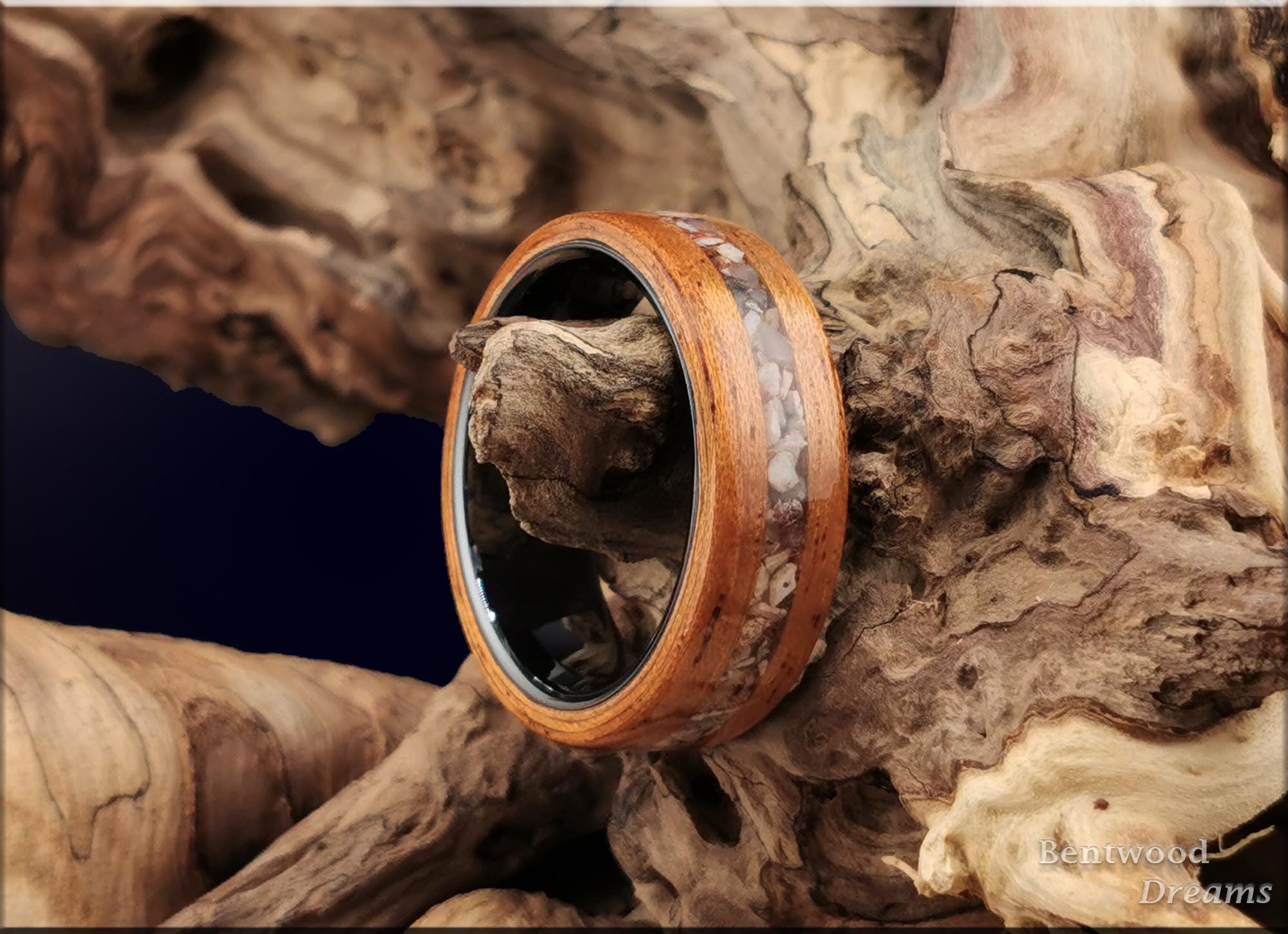 Bentwood Ring: Spanish Cedar, Soapstone inlay, polished Black Ceramic core