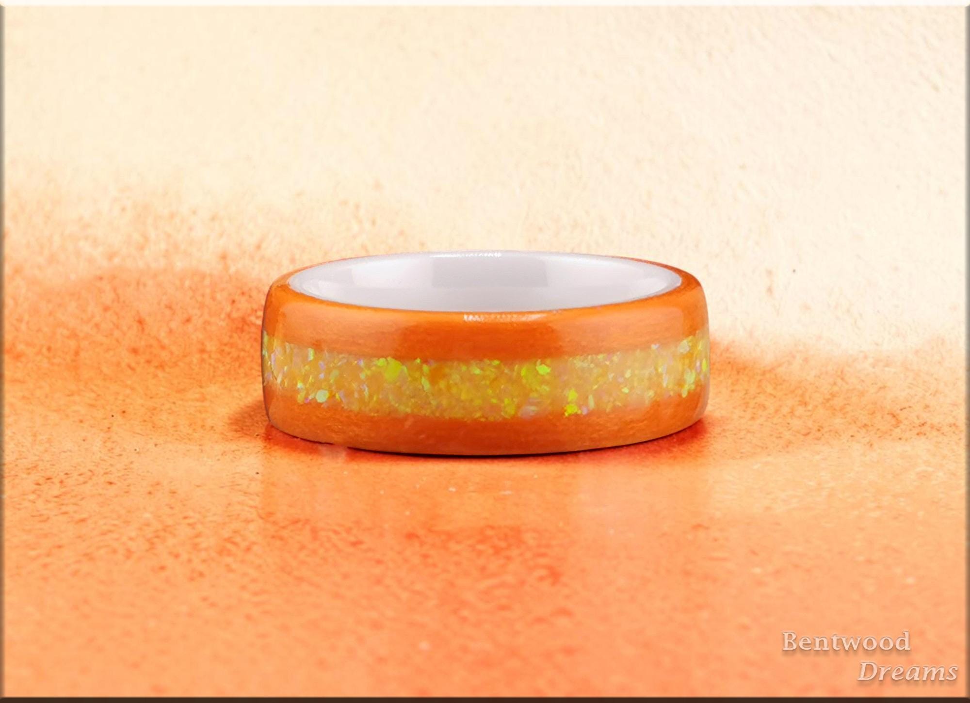 Bentwood Ring: Orange Tulipwood, inlaid Opal, polished White Ceramic core