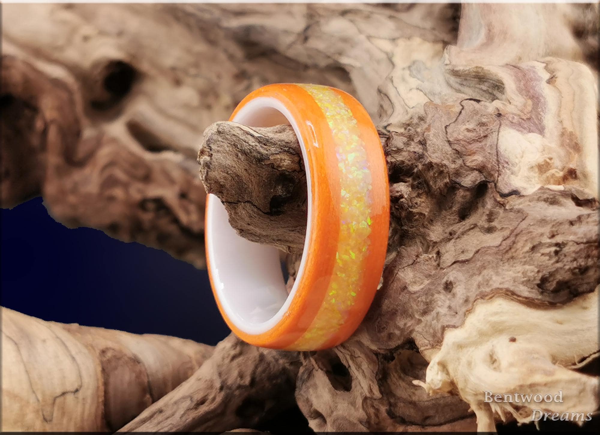 Bentwood Ring: Orange Tulipwood, inlaid Opal, polished White Ceramic core