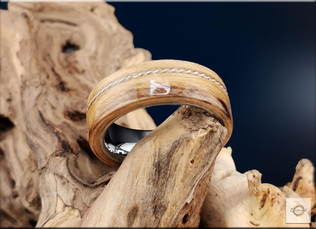 Spalted Maple Ring, offset Twisted Silver Wire, Tungsten Carbide Core, Bentwood