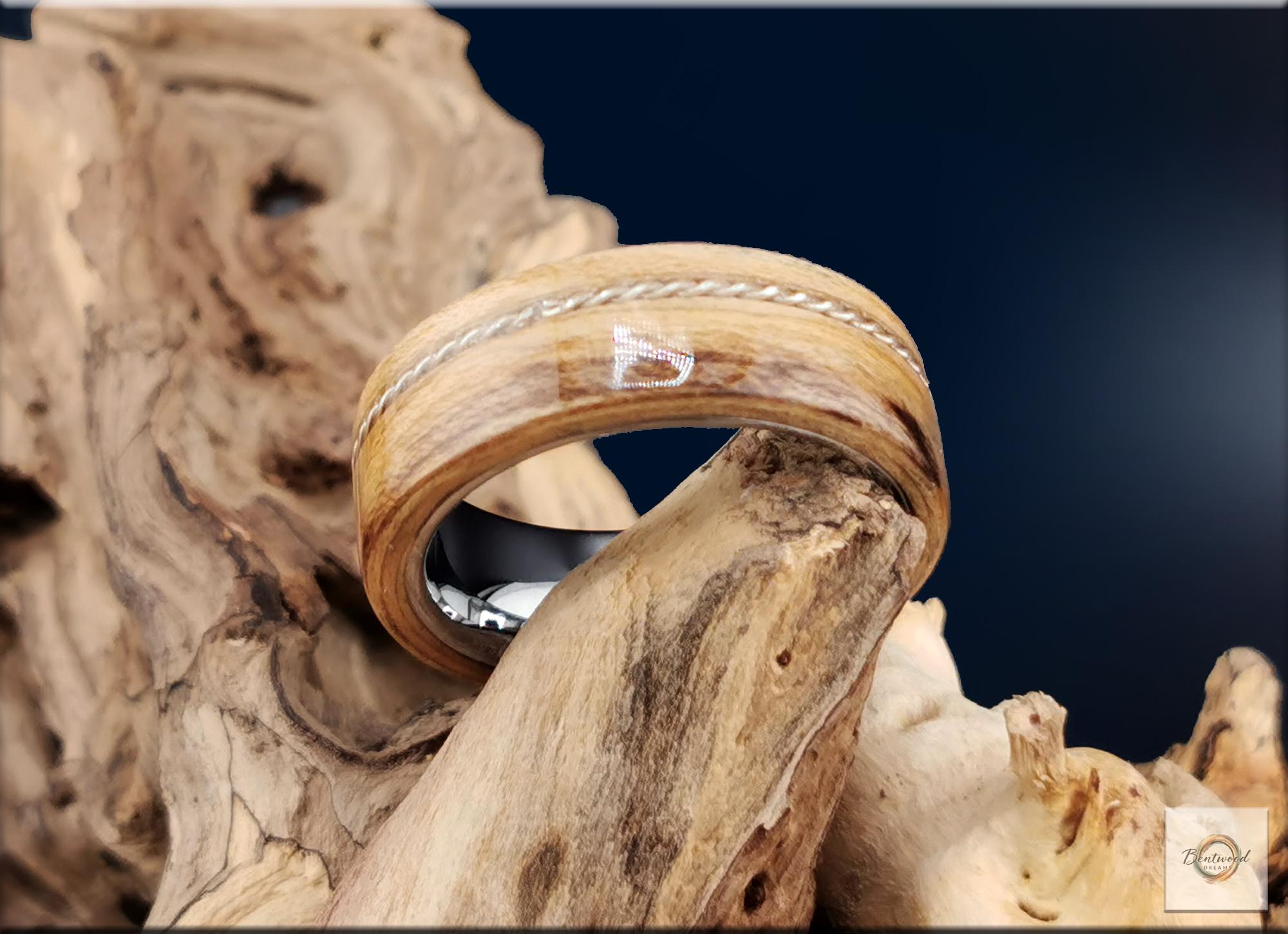 Spalted Maple Ring, offset Twisted Silver Wire, Tungsten Carbide Core, Bentwood