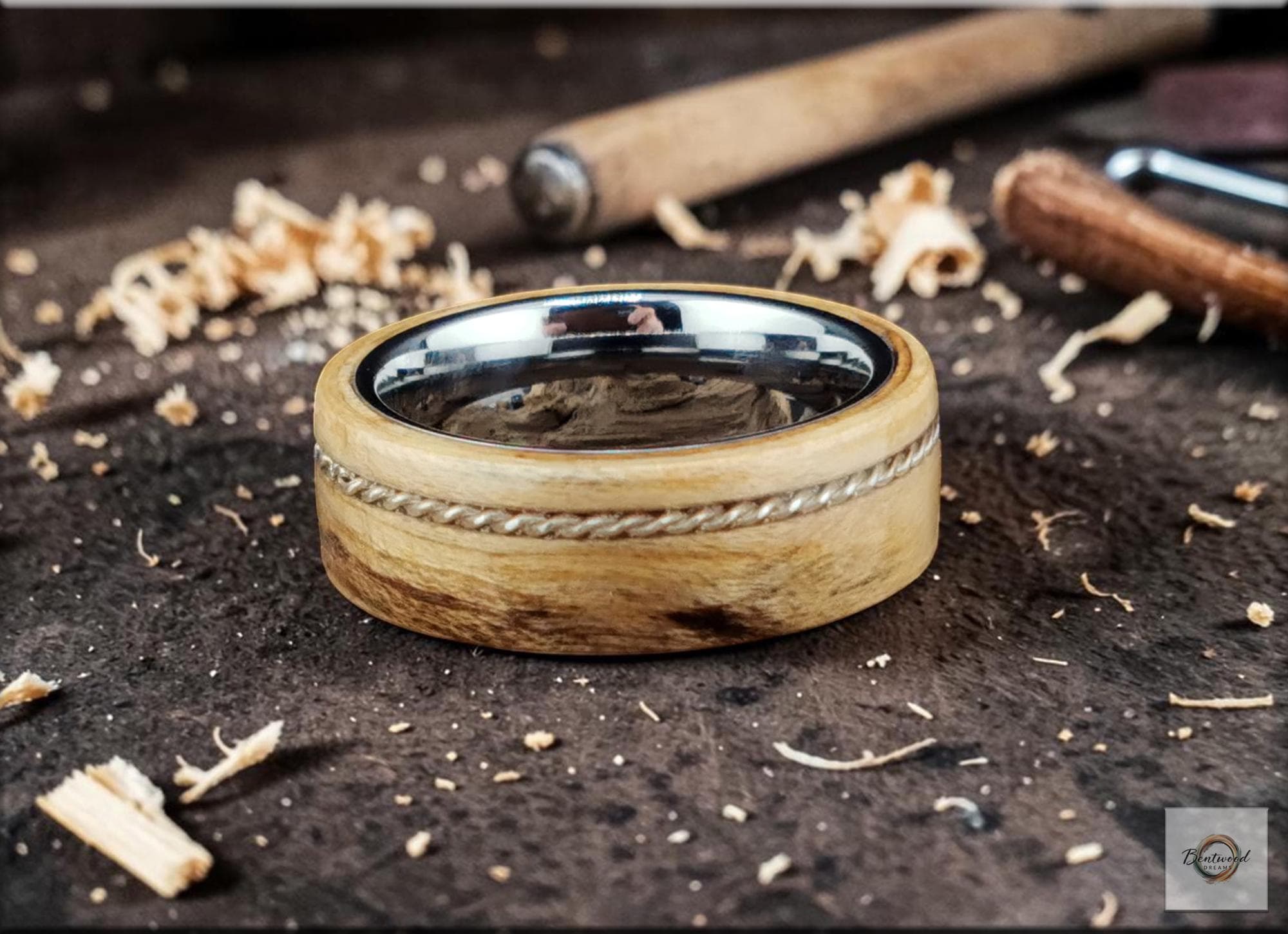 Spalted Maple Ring, offset Twisted Silver Wire, Tungsten Carbide Core, Bentwood