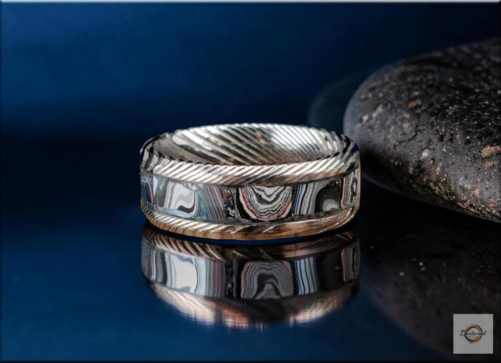 Damascus Steel Ring, inlaid Vintage Fordite, Metal Ring