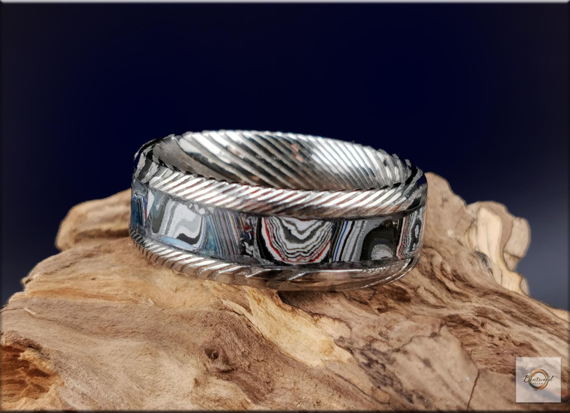 Damascus Steel Ring, inlaid Vintage Fordite, Metal Ring