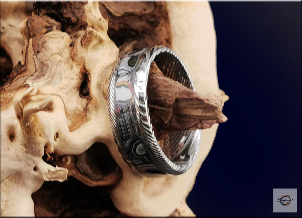 Damascus Steel Ring, inlaid Vintage Fordite, Metal Ring
