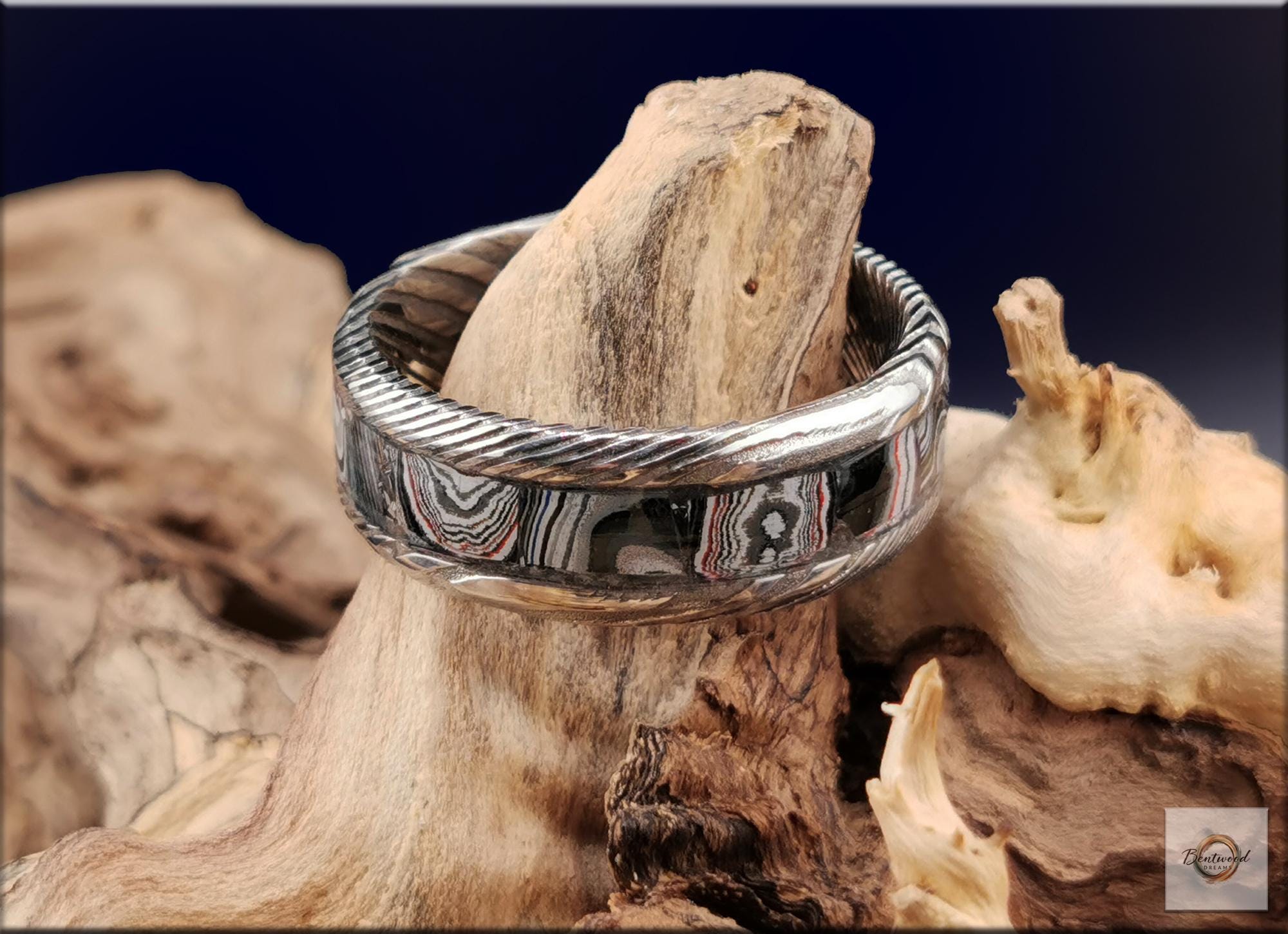 Damascus Steel Ring, inlaid Vintage Fordite, Metal Ring