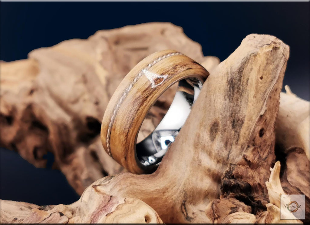 Spalted Maple Ring, offset Twisted Silver Wire, Tungsten Carbide Core, Bentwood