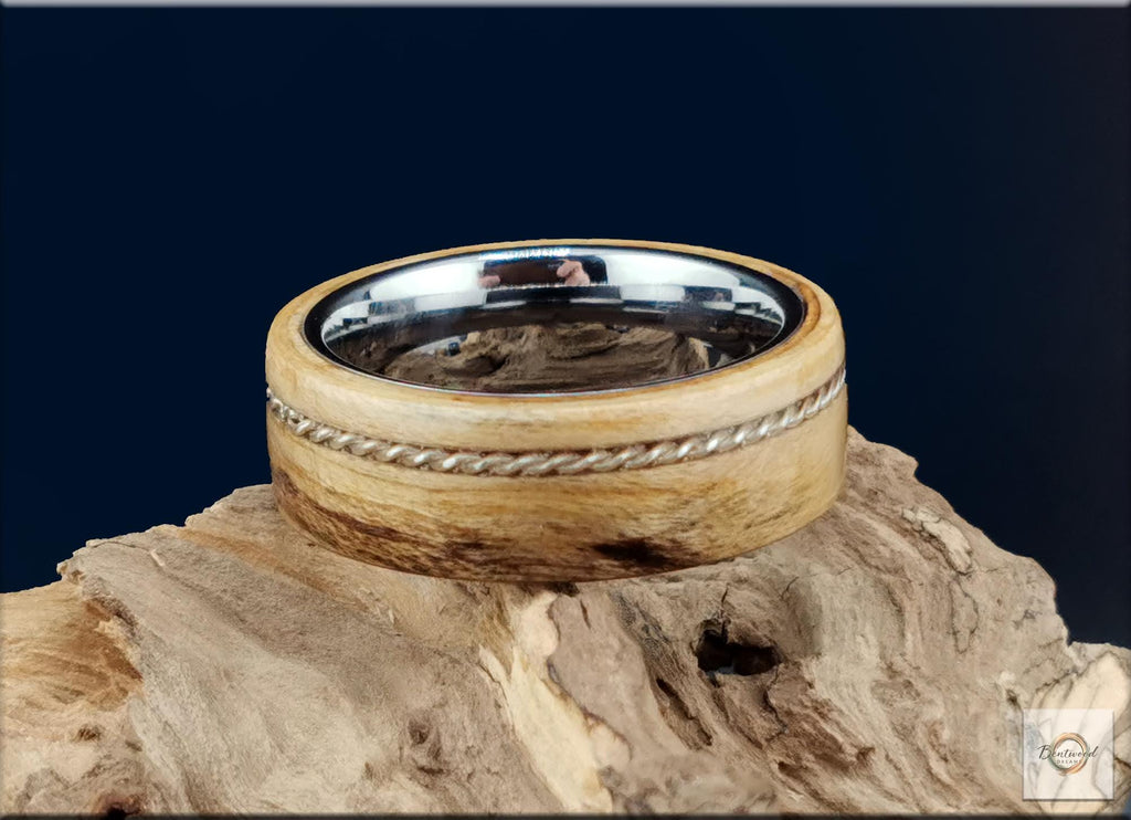 Spalted Maple Ring, offset Twisted Silver Wire, Tungsten Carbide Core, Bentwood