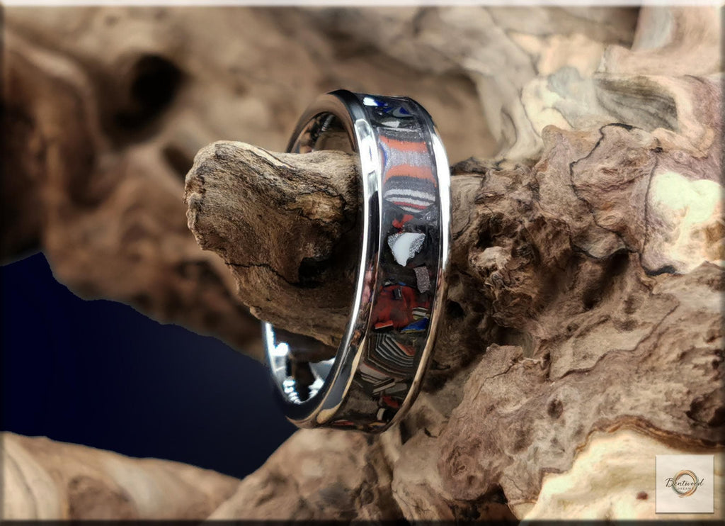 Cobalt Chrome Ring, inlaid Vintage Fordite, Metal Ring