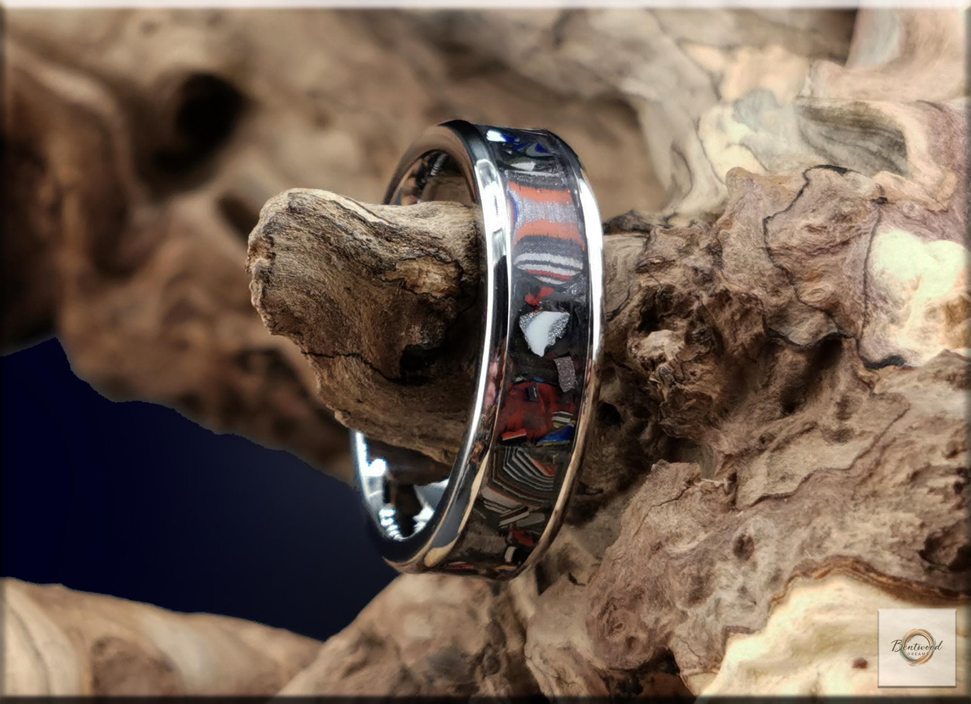 Cobalt Chrome Ring, inlaid Vintage Fordite, Metal Ring