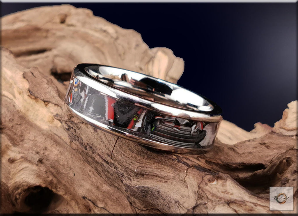 Cobalt Chrome Ring, inlaid Vintage Fordite, Metal Ring