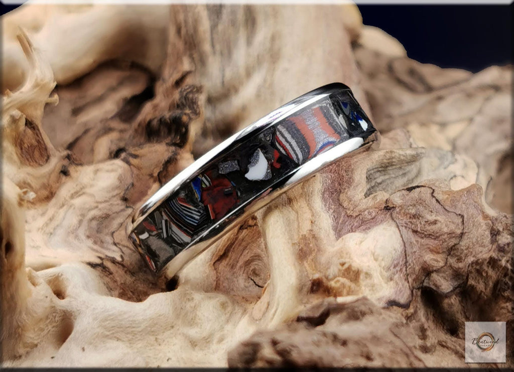 Cobalt Chrome Ring, inlaid Vintage Fordite, Metal Ring