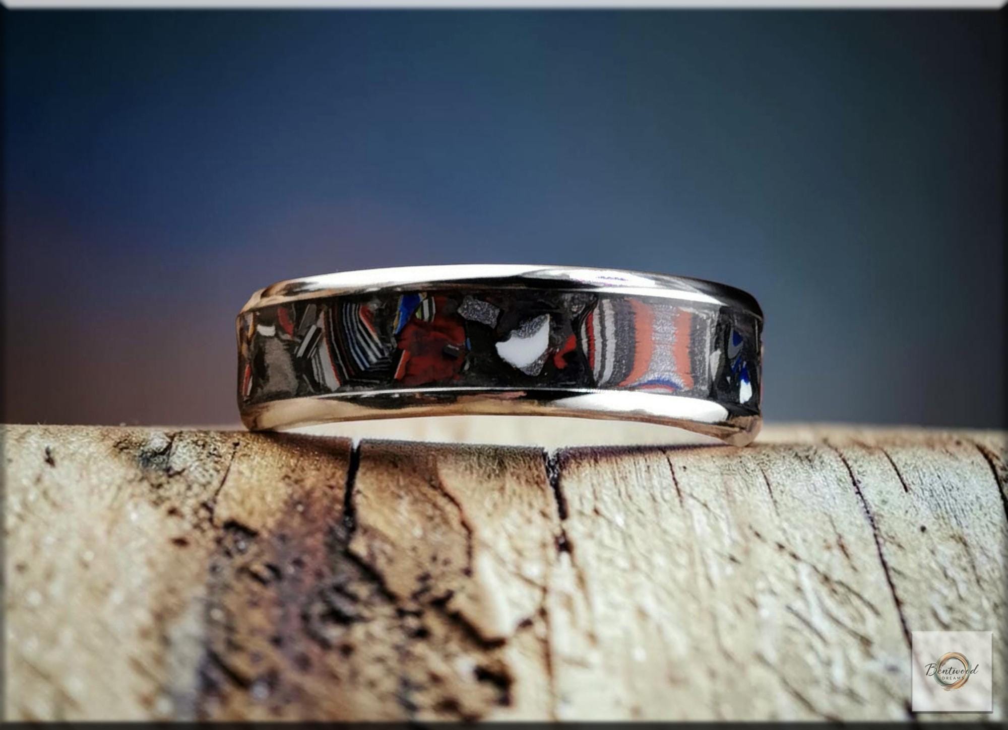 Cobalt Chrome Ring, inlaid Vintage Fordite, Metal Ring