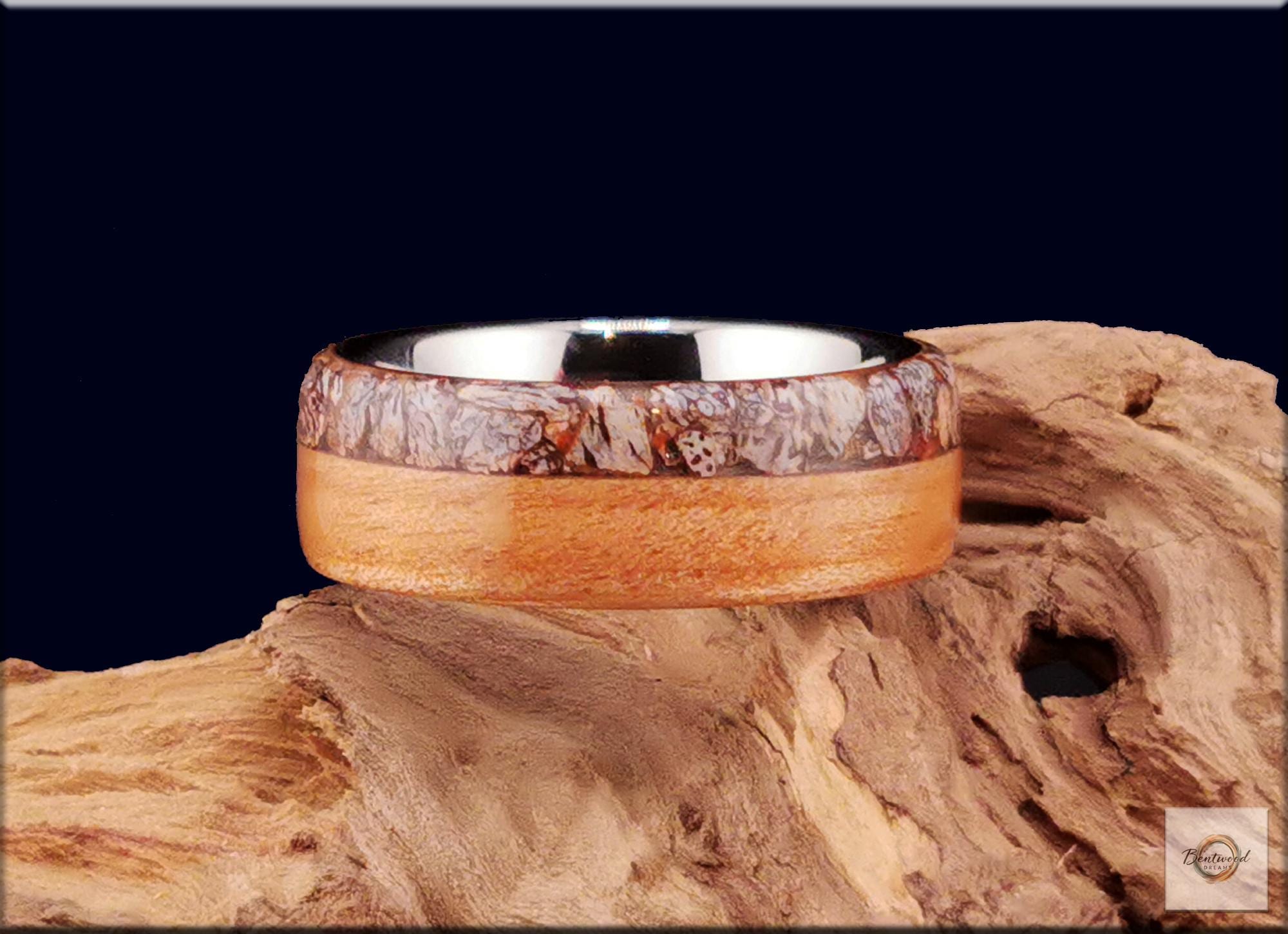 Bentwood Ring: Figured Red Birch, Fossilised Brontotherium Bone, Tungsten Carbide core