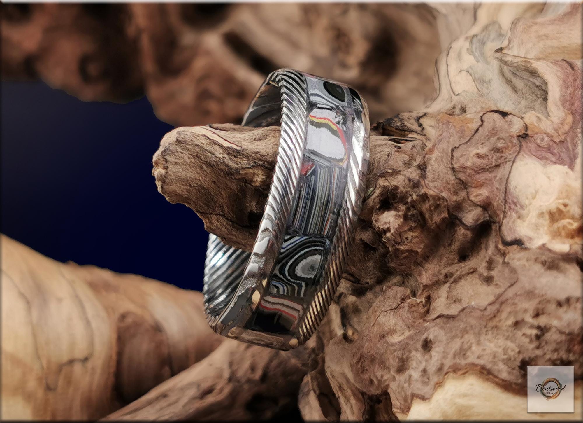 Damascus Steel Ring, inlaid Vintage Fordite, Metal Ring