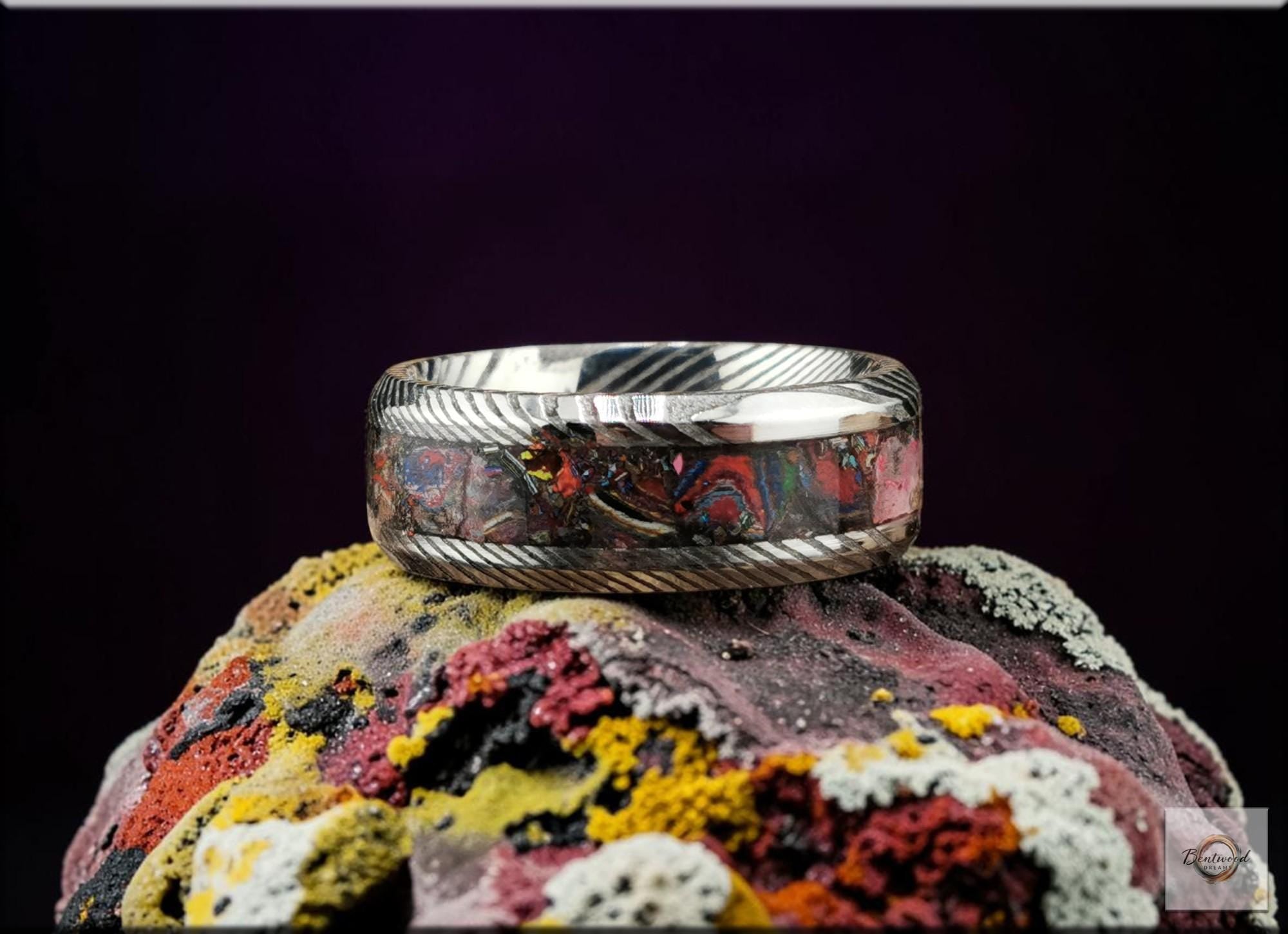 Damascus Steel Ring, inlaid Vintage Cadilite, Metal Ring