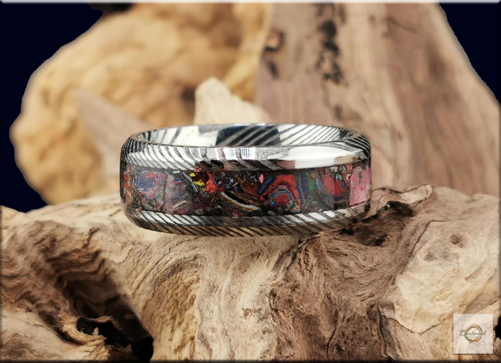 Damascus Steel Ring, inlaid Vintage Cadilite, Metal Ring