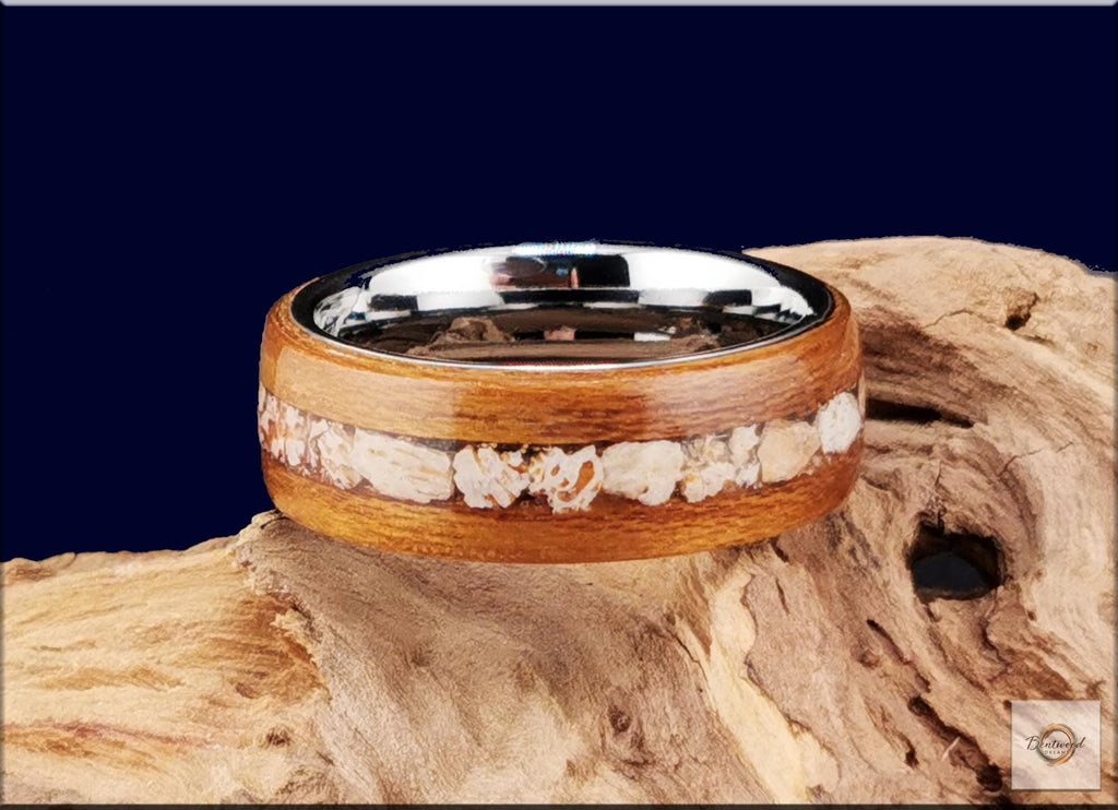 Bentwood Ring: Teak, inlaid Plesiosaurus Bone, Tungsten carbide core, wood ring