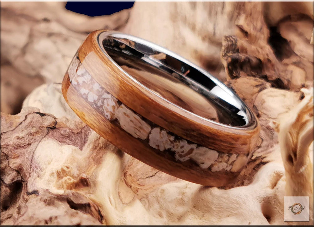 Bentwood Ring: Teak, inlaid Plesiosaurus Bone, Tungsten carbide core, wood ring