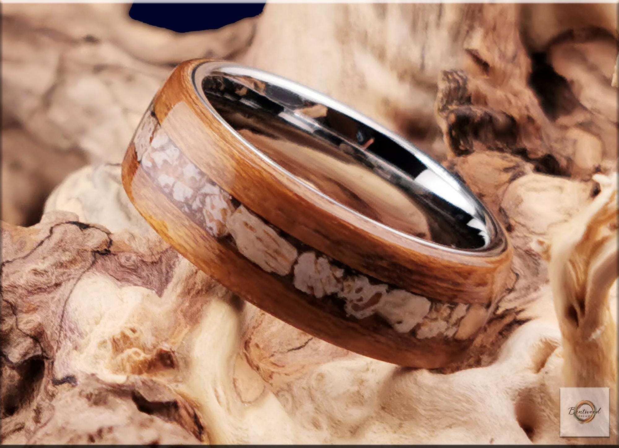 Bentwood Ring: Teak, inlaid Plesiosaurus Bone, Tungsten carbide core, wood ring