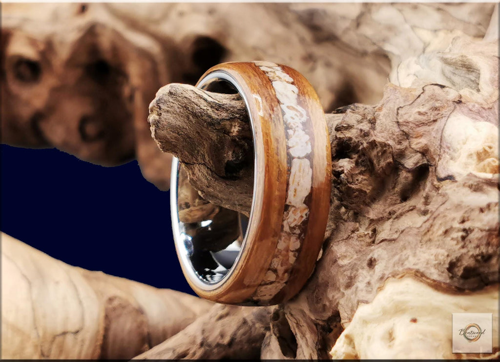 Bentwood Ring: Teak, inlaid Plesiosaurus Bone, Tungsten carbide core, wood ring