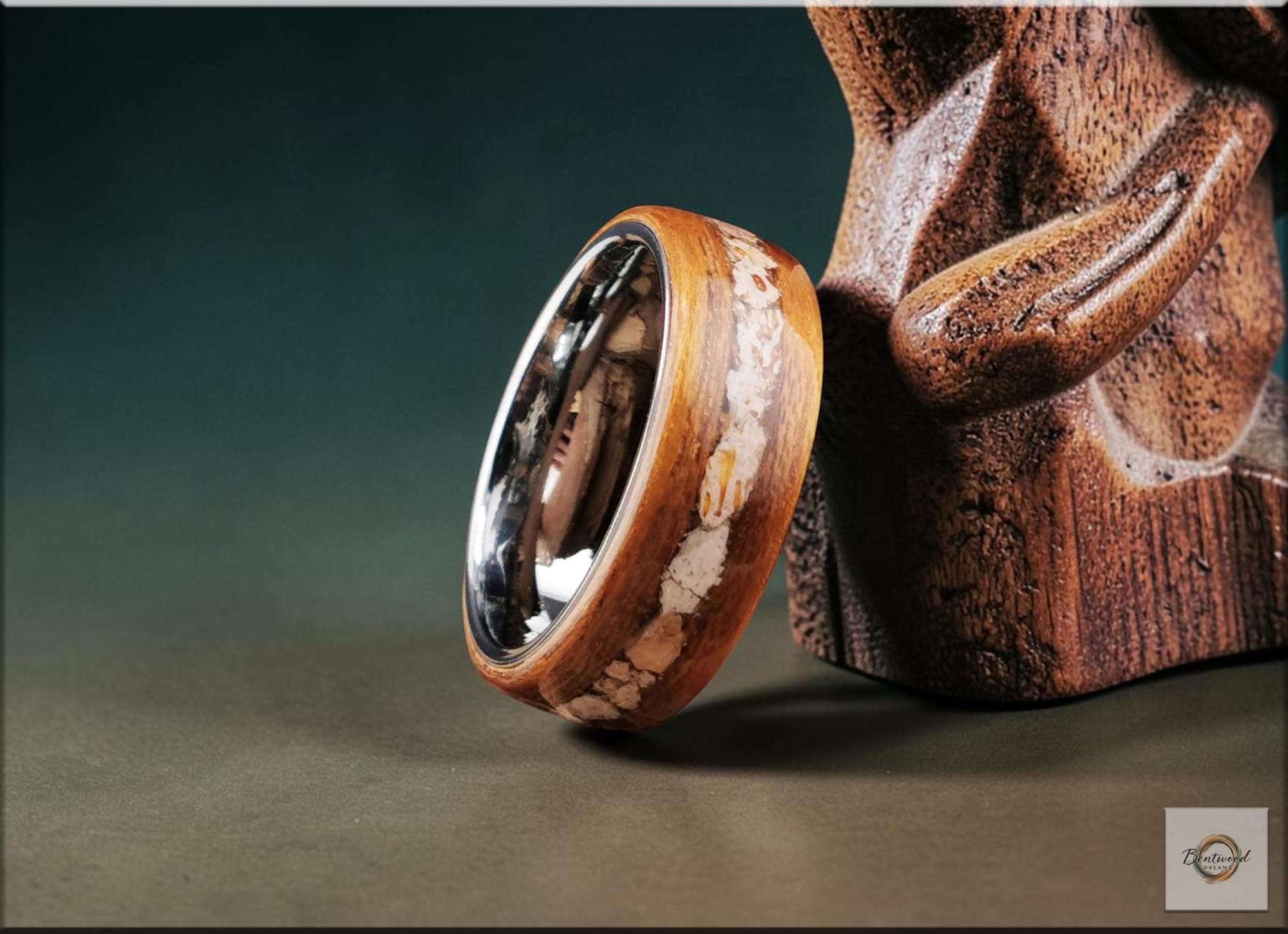Bentwood Ring: Teak, inlaid Plesiosaurus Bone, Tungsten carbide core, wood ring