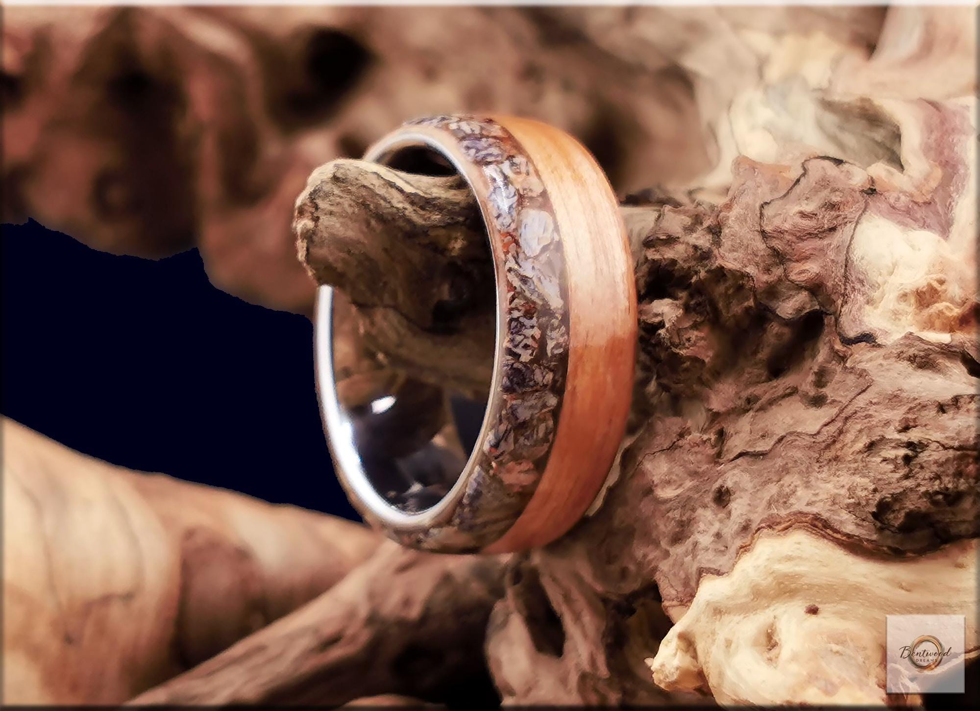 Bentwood Ring: Figured Red Birch, Fossilised Brontotherium Bone, Tungsten Carbide core