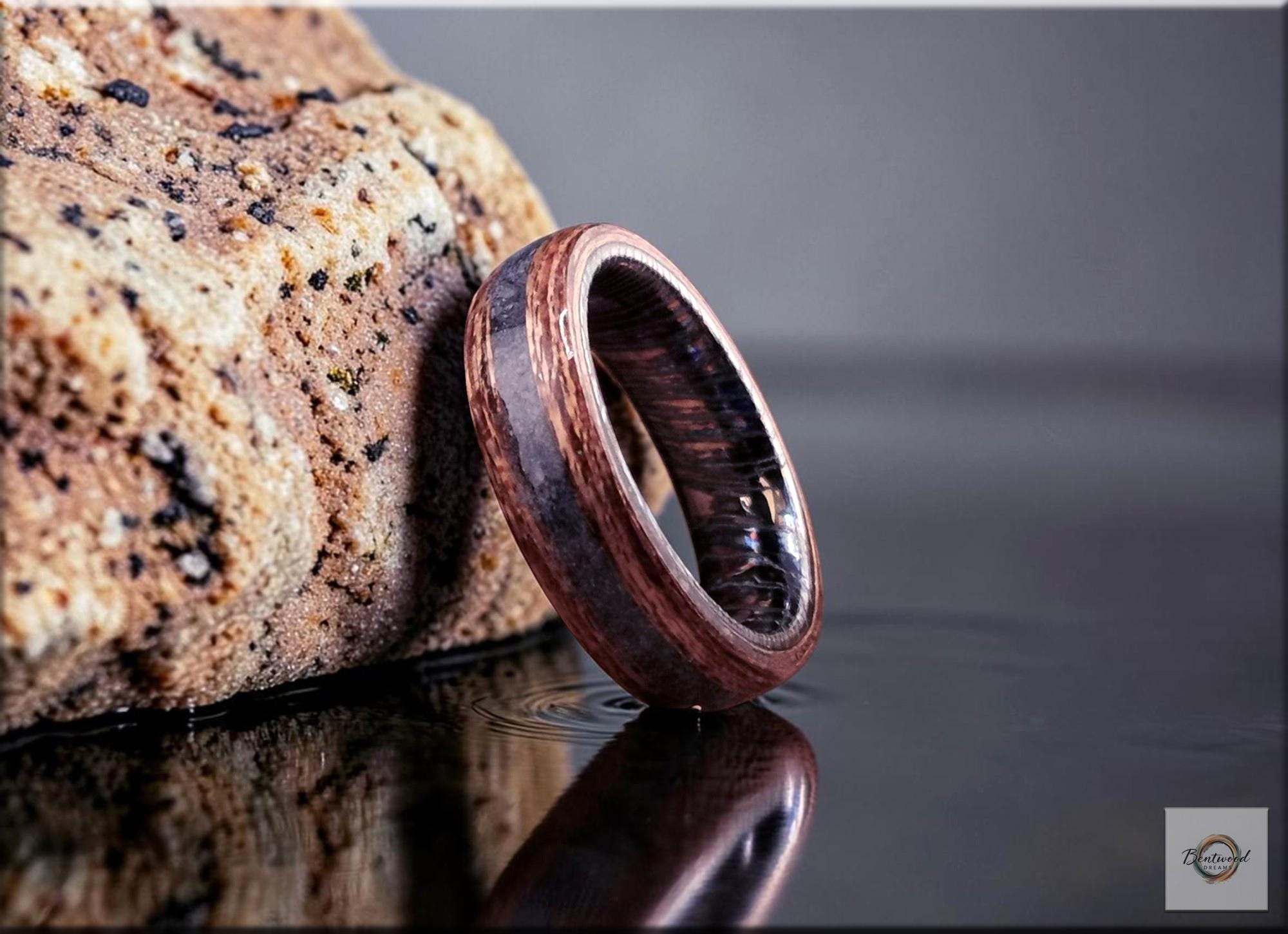 Bentwood Ring: Red Meranti, inlaid Fossilised Blue Coral, ZircuTi core
