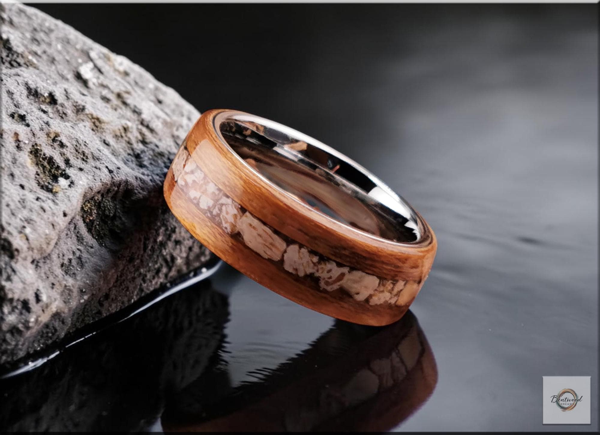 Bentwood Ring: Teak, inlaid Plesiosaurus Bone, Tungsten carbide core, wood ring