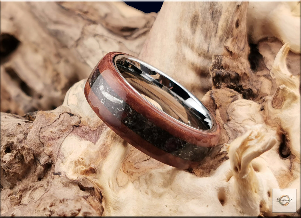 Redwood Burl Bentwood Ring: Brenham Meteorite & Garnet Inlay, Copper Core