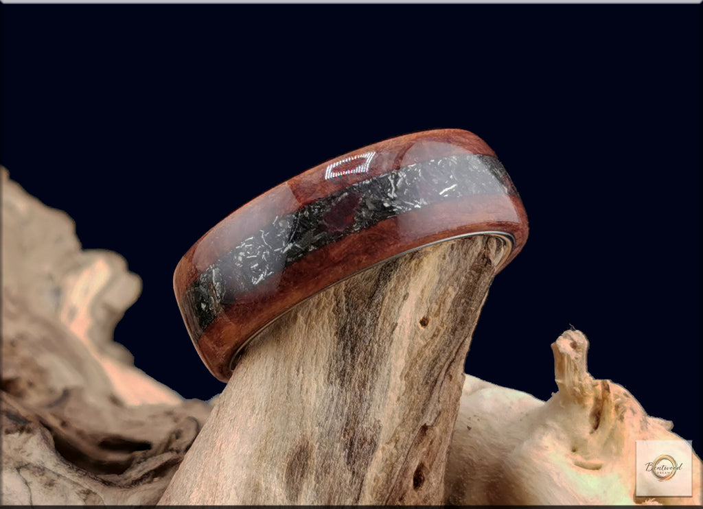 Redwood Burl Bentwood Ring: Brenham Meteorite & Garnet Inlay, Copper Core