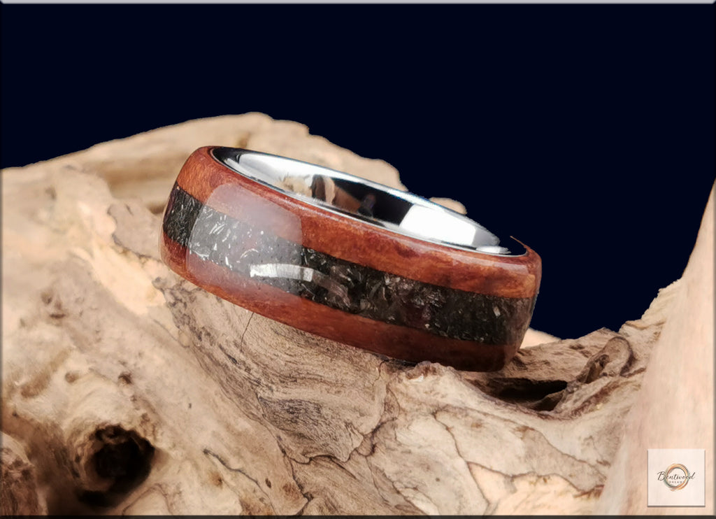 Redwood Burl Bentwood Ring: Brenham Meteorite & Garnet Inlay, Copper Core