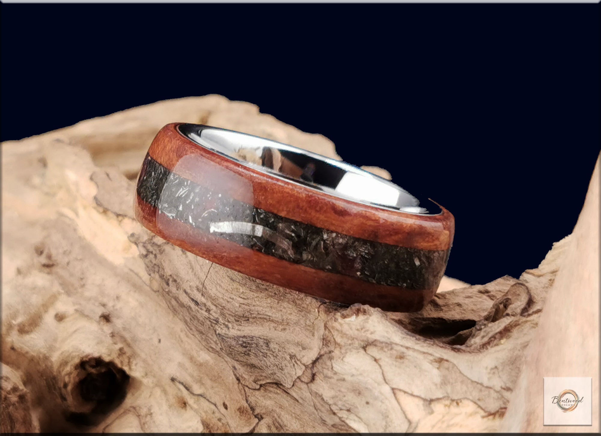 Redwood Burl Bentwood Ring: Brenham Meteorite & Garnet Inlay, Copper Core