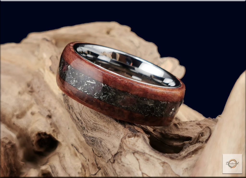 Redwood Burl Bentwood Ring: Brenham Meteorite & Garnet Inlay, Copper Core