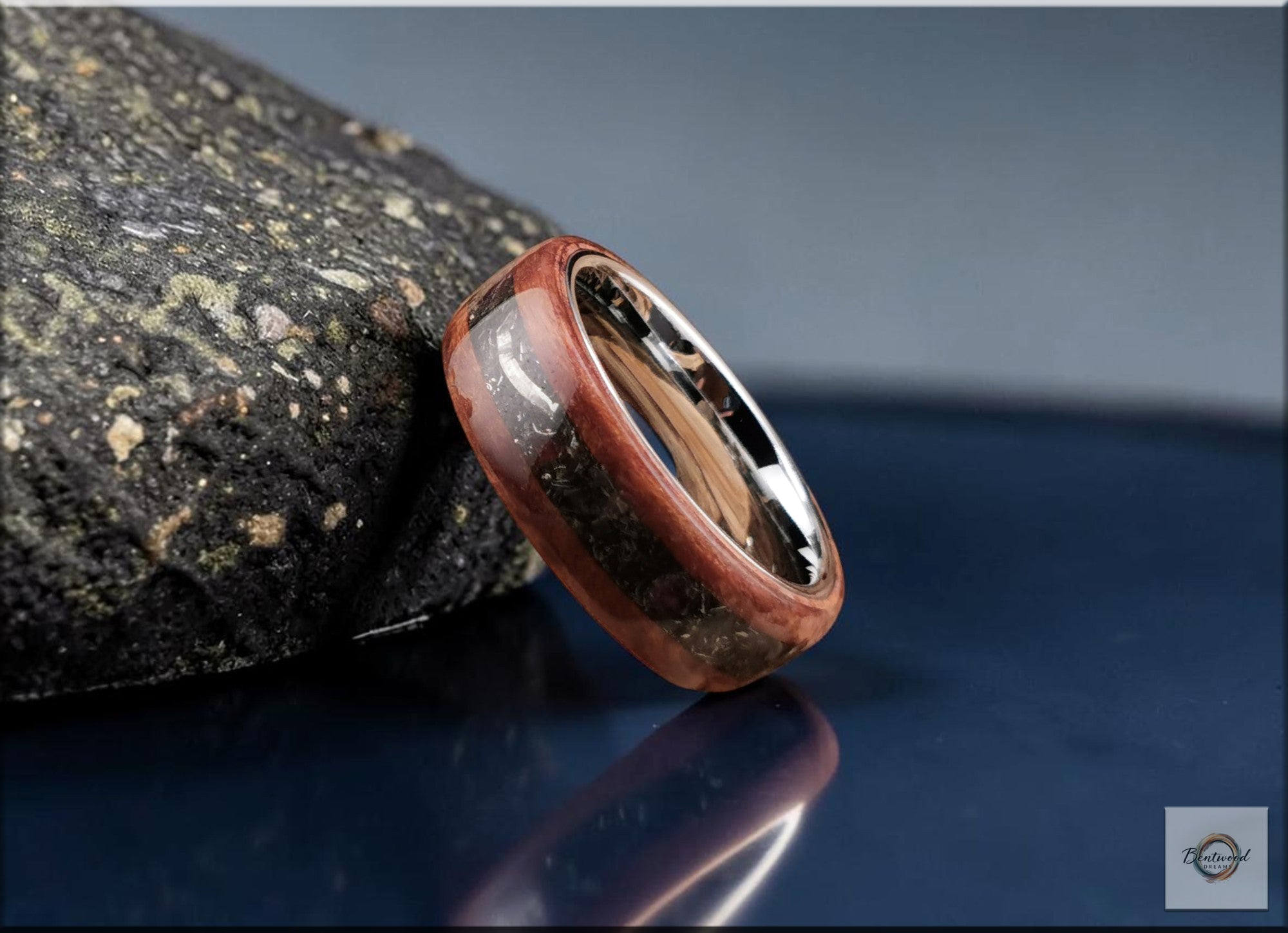 Redwood Burl Bentwood Ring: Brenham Meteorite & Garnet Inlay, Copper Core