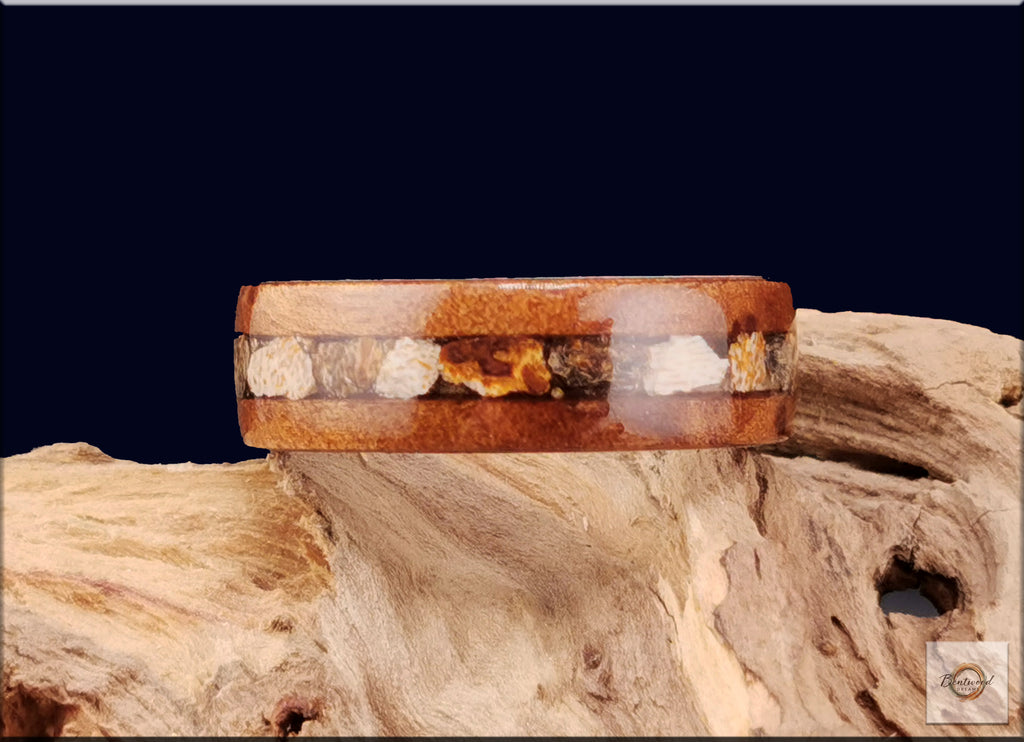 Bentwood Ring: Camphor Burl, inlaid Megalodon Tooth, Deer Antler core