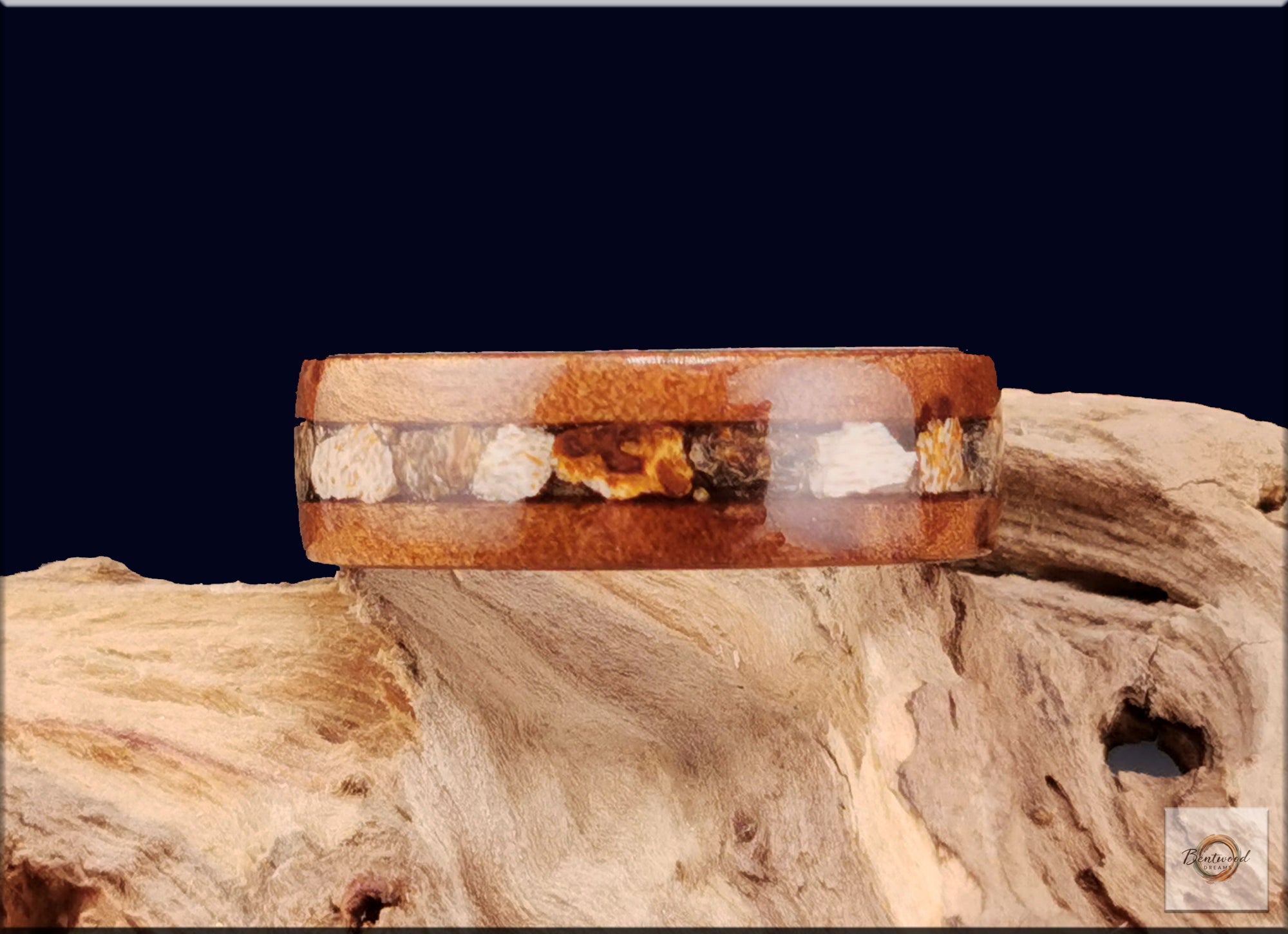 Bentwood Ring: Camphor Burl, inlaid Megalodon Tooth, Deer Antler core