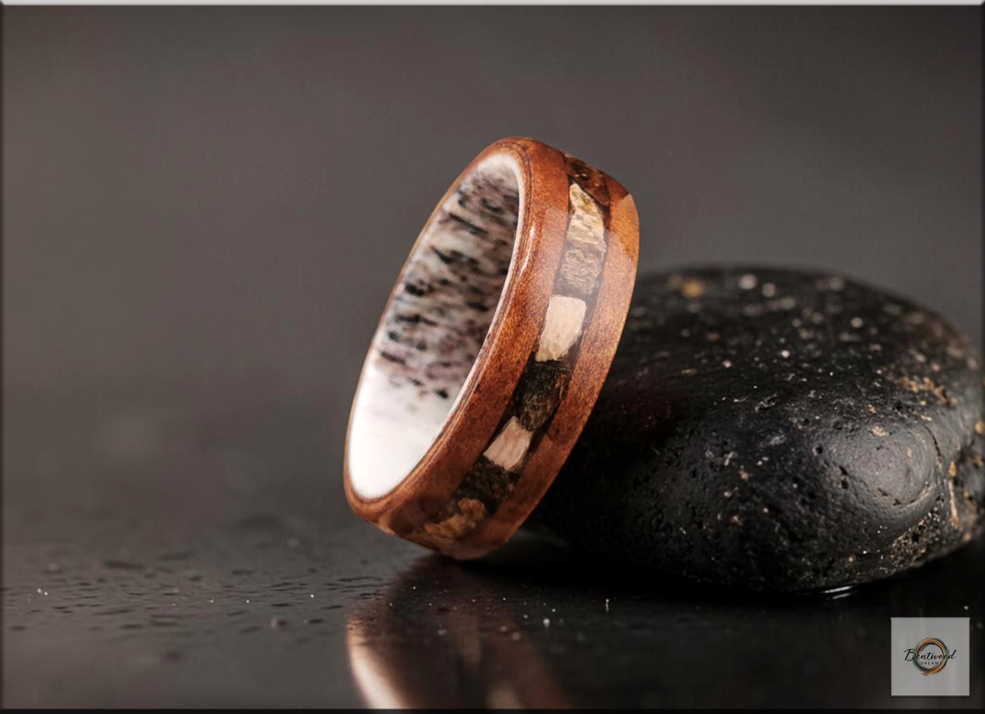 Bentwood Ring: Camphor Burl, inlaid Megalodon Tooth, Deer Antler core